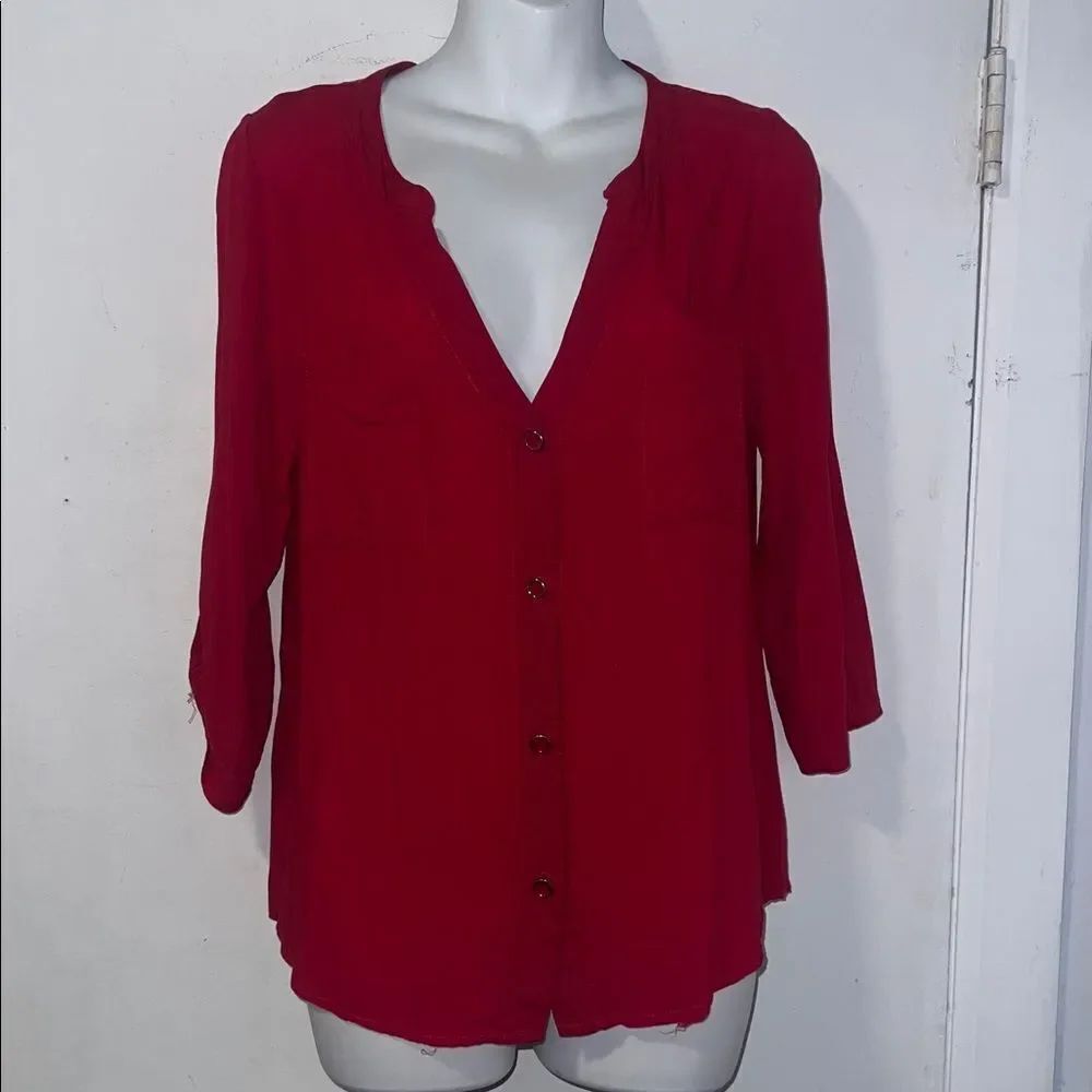 NEEDLE & THREAD Red Button Up Roll Tab Sleeve Blouse-M